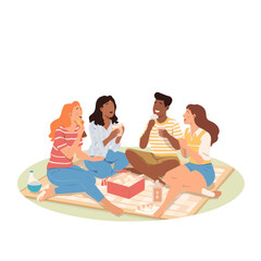 Flat Vector of Friends Laughing Together on Picnic Blanket