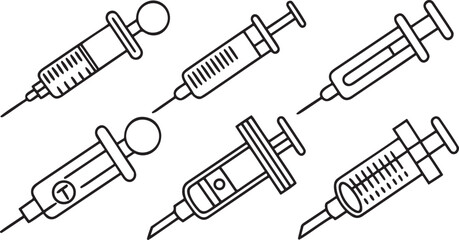 Fototapeta premium Isolated black syringe icons, medical injection, vaccination needle, healthcare syringe, editable vector for immunization, hospital use, medicine and treatment graphics