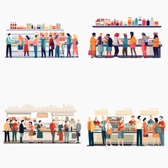 Four distinct views of diverse shoppers in different sections of a grocery store, each queueing to purchase goods.