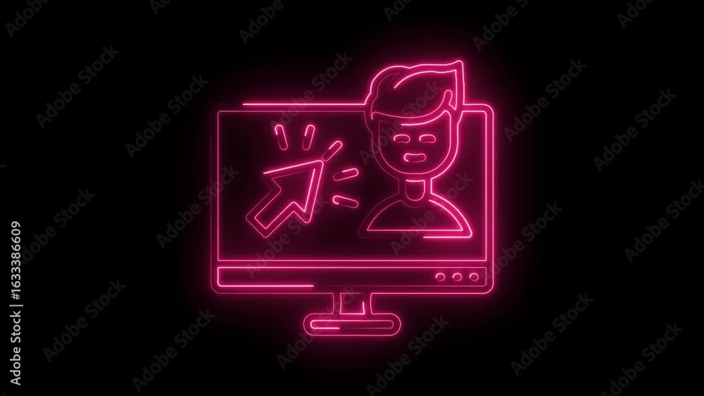 Aufkleber glowing neon computer monitor displaying a cursor clicking on a stylized person icon with vibrant pi
