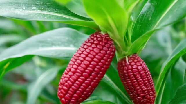 Closeup of vibrant red corn cobs growing on the stalk with agricultural field.