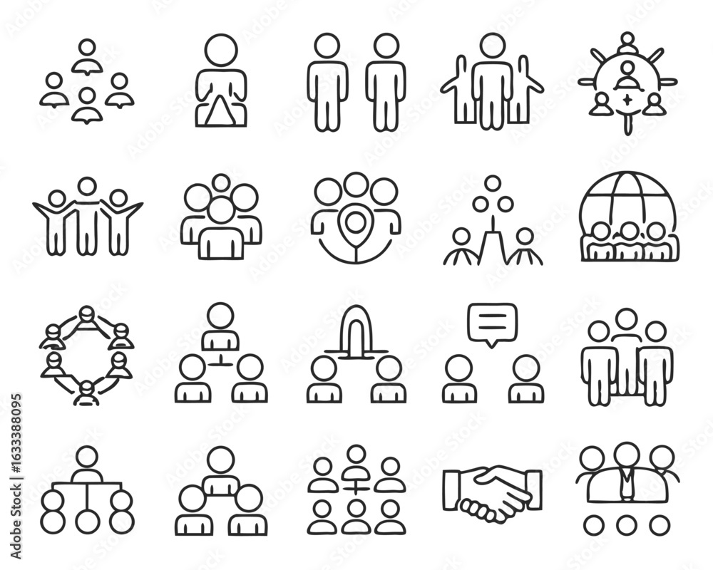 Poster a comprehensive collection of thin line graphics illustrating business collaboration and team synerg