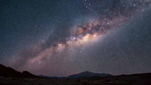 Panoramic milky way galaxy arch across starry night sky &mdash; astrophotography of dense stars and interstellar dust, deep-space cosmic background