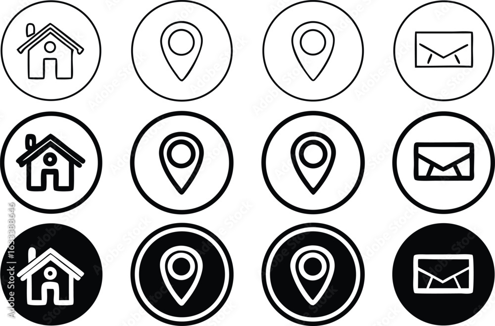 Aufkleber contact information icons with home location and email in various styles for web design