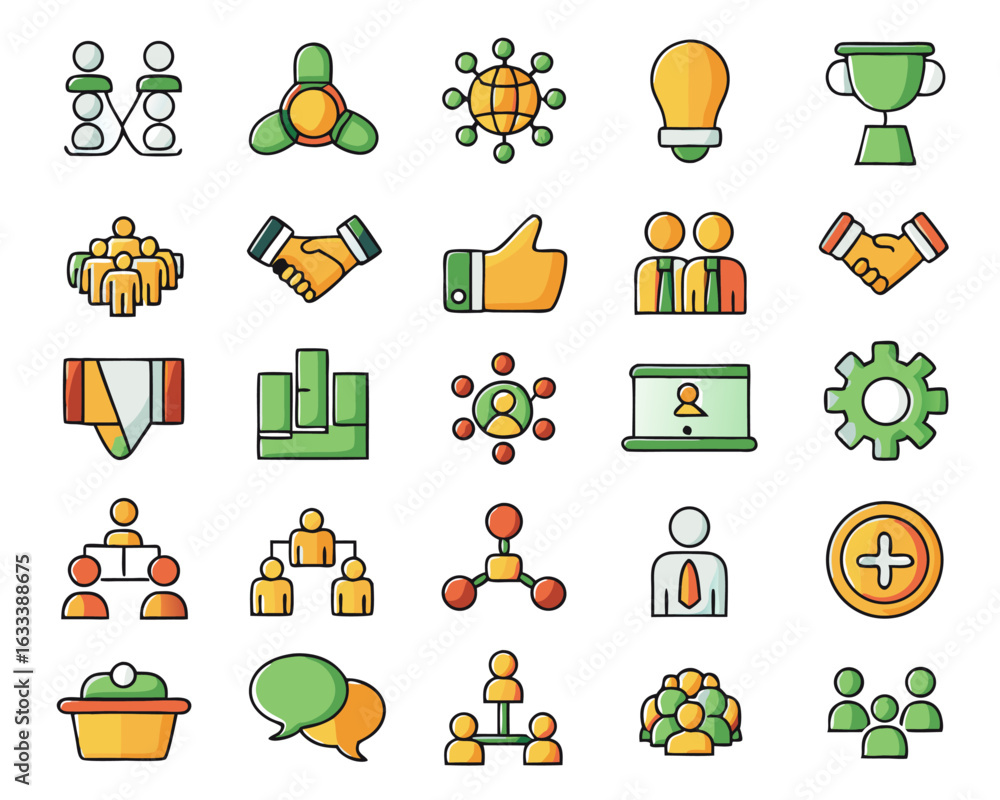 Poster collection of thin line icons representing business collaboration and teamwork concepts isolated on 