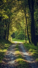 Fototapeta premium Sunlit path through a dense forest