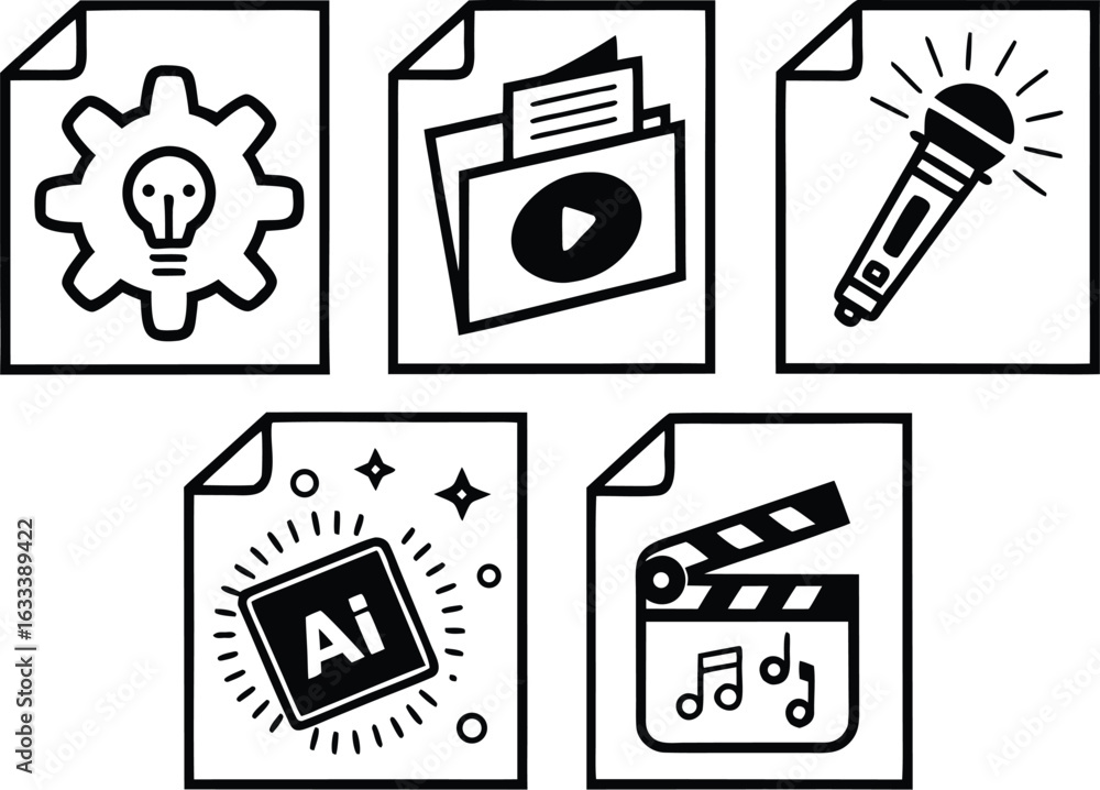 Poster creative content and file format icons for business presentations and digital media solutions depict