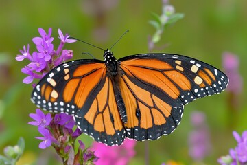 Monarch butterfly resting on wildflower in garden