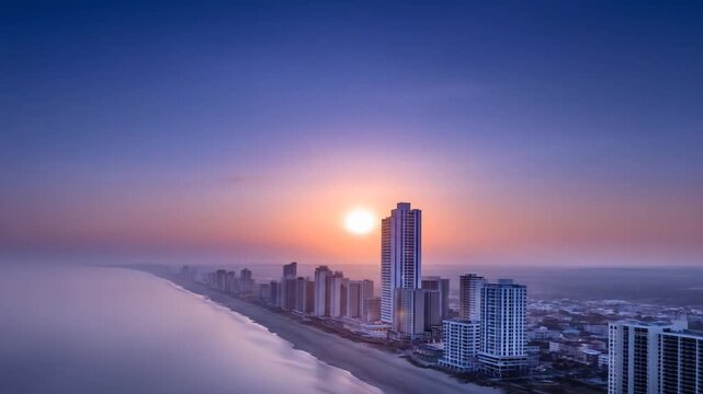 Coastal Sunrise Panorama City Skyline with Beach, Vibrant Sky over Myrtle Beach, and South Carolina.