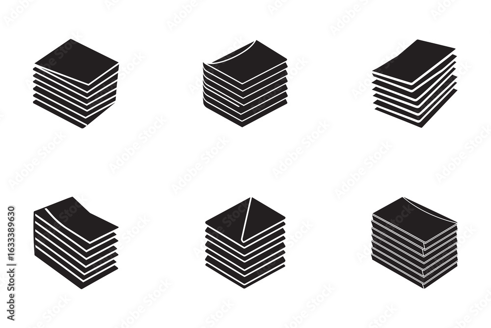 Poster black and white stack of paper graphics featuring multiple styles for different filing and document 