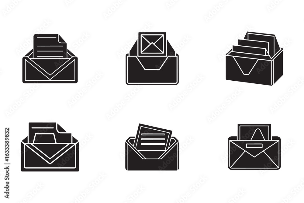 Poster black and white vector icons of envelopes and mail with different document types for graphic design 