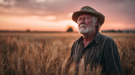 An elderly farmer looking up in a wheat field at sunset wearing a hat