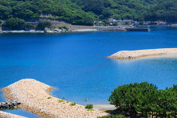 半月型の砂浜と青い海が美しいムーンビーチ井野浦の夏景色

