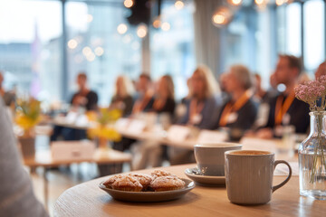 A bright conference room with free coffee and muffins on a side table Attendees listen as the organizer explains the day’s agenda The mood is curious and open