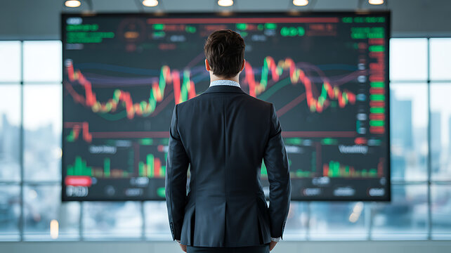 A sharply dressed businessman, viewed from behind, stands in a modern office, looking at a large wall-mounted screen displaying a complex financial graph with red and green lines