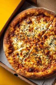 Delicious cheese pizza with golden crust in a takeout box.
