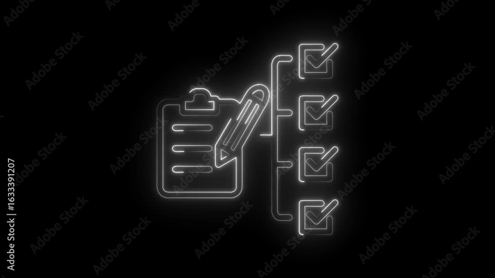 Poster glowing neon checklist icon with pencil and checkmarks on transparent black background representing 