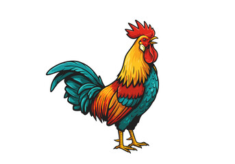 Fototapeta premium Boldly illustrated rooster with vibrant plumage, red comb, and teal tail feathers.