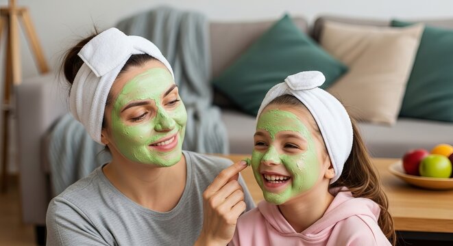 Mother and daughter applying face mask skincare beauty treatment at home facial spa day happy family time 100
