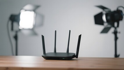 Wireless Router with Four Antennas on a Wooden Surface, Illuminated by Studio Lights