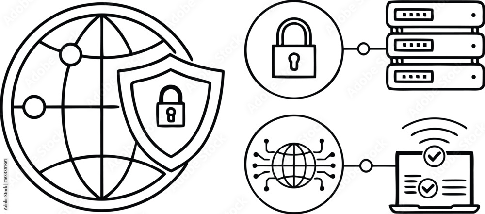 Poster cybersecurity and network protection concepts with globe shield lock server and laptop black and whi