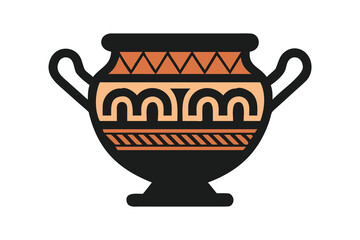 Greek Pottery Icon with Geometric Tribal Pattern in Black and Orange