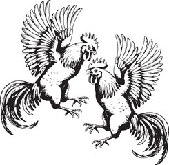 Obraz premium Hand-Drawn Rooster Fight Engraving Vector Illustration with Dynamic Feather Detail