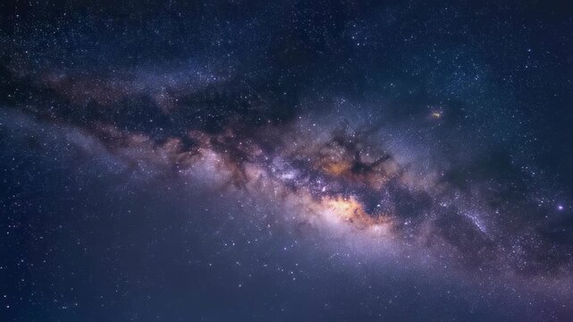 Panoramic milky way galaxy arch across starry night sky &mdash; astrophotography of dense stars and interstellar dust, deep-space cosmic background