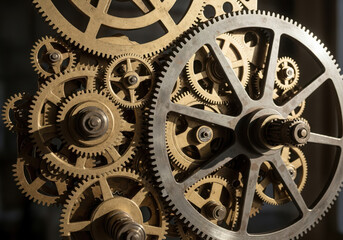 Intricate interlocking metal gears of a mechanical clockwork mechanism