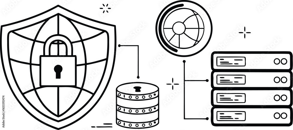 Poster data security and server protection with global network defense system depicted in black and white m