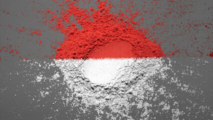 Closeup view of the red and white colors of the Indonesian national flag with a black wall background. Celebrate Indonesia Independence Day. Concept of Kemerdekaan Indonesia