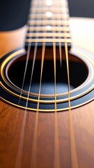Obraz premium Detailed View of an Acoustic Guitar, emphasizing the Strings and Body Wood
