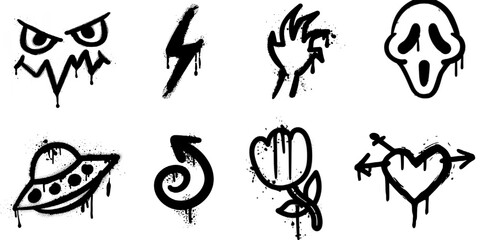 Graffiti Stencil Icon Pack &ndash; Urban Street Art Spray Symbols Collection vector illustrations on a white background.	
