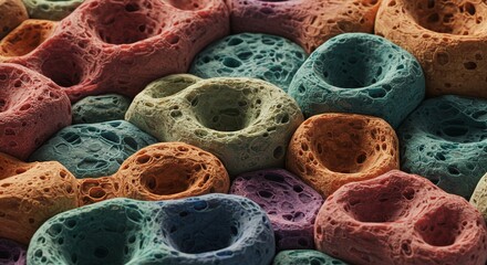 Close up macro view of colorful breakfast cereal rings in a pile