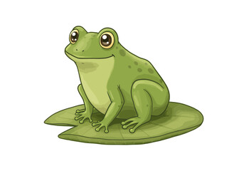 Smiling cartoon green frog with large expressive eyes sitting on a textured lily pad