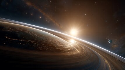 Sunrise over a spectacular ringed exoplanet in a distant nebula, a cosmic science fiction vista.
