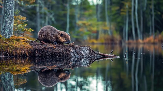 Autumn beaver scene in peaceful forest pond - Powered by Adobe