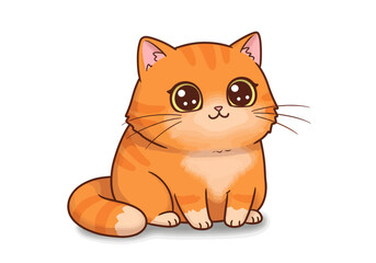 Sweet chubby ginger tabby cat with large, sparkling anime-style eyes, sitting patiently.