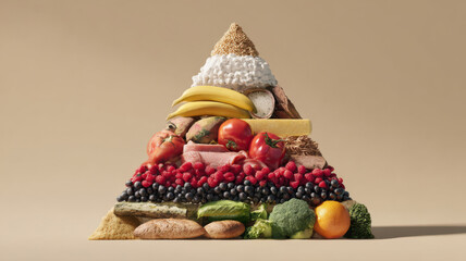 Food pyramid built from real food and charts, minimal background 