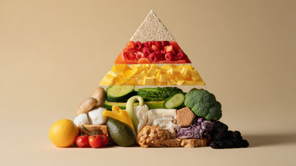 Food pyramid built from real food and charts, minimal background 