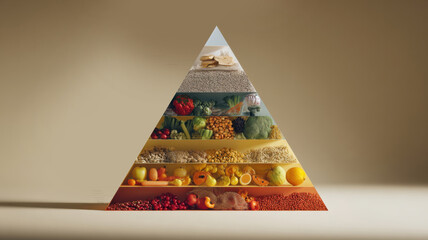 Food pyramid built from real food and charts, minimal background 
