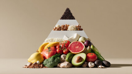 Food pyramid built from real food and charts, minimal background 