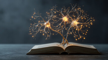 Glowing neurons connected to books, symbol of cognitive connection