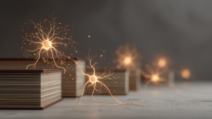 Glowing neurons connected to books, symbol of cognitive connection