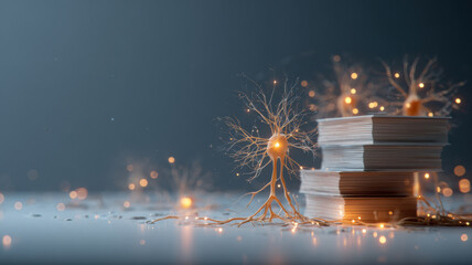 Glowing neurons connected to books, symbol of cognitive connection