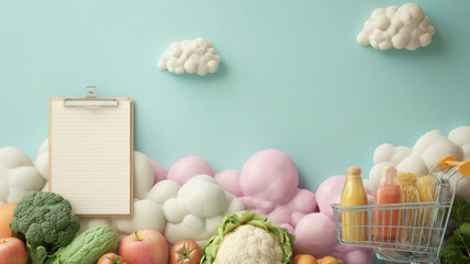 Grocery list with clouds and pastel colors light lifestyle cooking