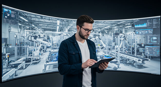 An industrial engineer uses a tablet to monitor and control a smart factory with robotic arms on a large curved screen.
