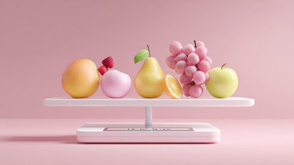 Kitchen scale with floating pastel fruits balanced nutrition in dreamy tone