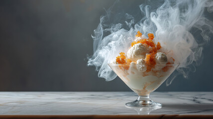 Liquid nitrogen smoke rising over dessert, molecular cuisine vibe