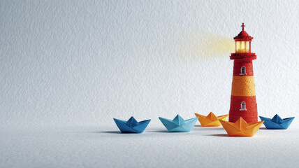 Lighthouse guiding paper boats labeled with business values, focused lighting